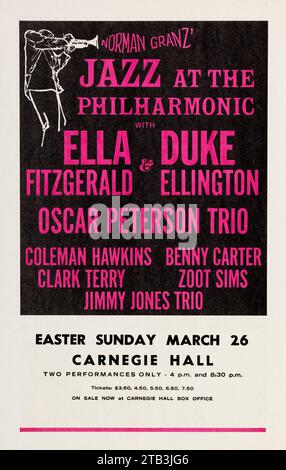 Norman Granz presenta, Jazz alla Filarmonica - Ella Fitzgerald, Duke Ellington 1967 Carnegie Hall, NY Concert Handbill - Flyer. Foto Stock