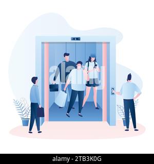 Ascensore con porte aperte, gruppo di persone nell'ascensore e nei dintorni. Corridoio nel centro commerciale o nel business center. Vari uomini d'affari e personaggi Illustrazione Vettoriale