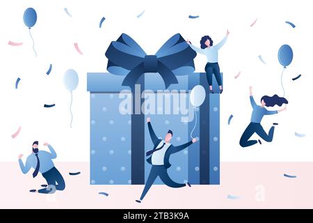 Banner di successo per la vittoria aziendale del lavoro di squadra. Gruppi di uomini d'affari che festeggiano con una grande confezione regalo. Premiare il lavoro produttivo ed efficiente. Profitto o cifra Illustrazione Vettoriale