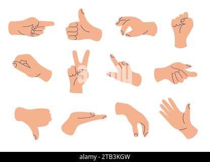 Set di simboli gestuali delle mani in uno stile piatto alla moda. Emoji di comunicazione. Icone di doodle disegnate a mano vettoriali isolate su sfondo bianco. Illustrazione Vettoriale