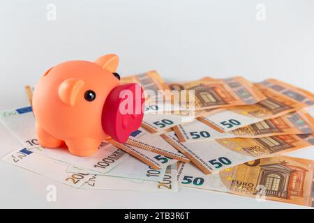 Un salvadanaio rosa si trova su un tavolo coperto da una grande quantità di banconote in euro su sfondo chiaro Foto Stock