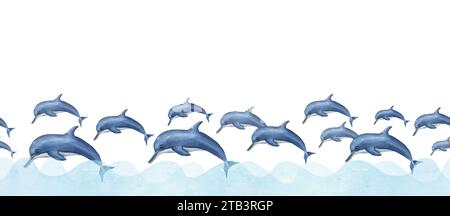 Stormo di delfini che nuotano in stile cartone animato con onde astratte. Striscione senza cuciture di animali marini che saltano. Illustrazione ad acquerello con porpoise. Foto Stock