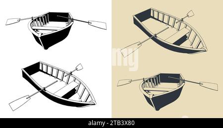 Illustrazioni vettoriali stilizzate di imbarcazioni da pesca in legno Illustrazione Vettoriale