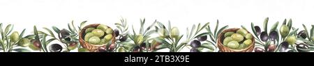 Acquerello bordo senza cuciture con frutti d'oliva, ciotola e foglie di legno. Rami d'oliva dipinti a mano su sfondo bianco. Illustrazione botanica per pr Foto Stock