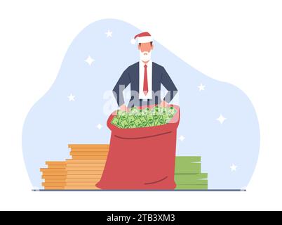 Uomo d'affari in abito di Babbo Natale con una grossa borsa di soldi. L'uomo felice regala un bonus al dipendente. Anno di successo. Profitto e reddito. Vacanze di Natale Illustrazione Vettoriale