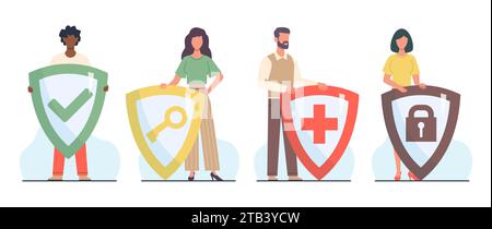 Uomini e donne con scudi con serratura, chiave, croce e zecca. Concetto di privacy. Accesso di sicurezza. Protezione e assicurazione. Segnali antivirus. Garanzia Illustrazione Vettoriale