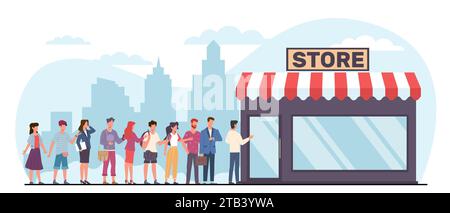 Le persone si mettono in fila davanti alle porte per riporre. Clienti maschi e femmine in coda. Gente che aspetta vicino alla porta del negozio. Supermercato o negozio di alimentari Illustrazione Vettoriale