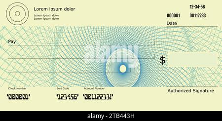 Assegno bianco USA con segno del dollaro e ortografia americana, modello di controllo con schema Guilloche, assegno bancario Illustrazione Vettoriale