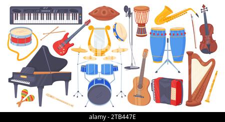Strumenti acustici musicali per cartoni animati. Chitarre elettriche e di ottone. Sassofono jazz. Archi e percussioni. Pianoforte a coda e maracas. Concerto d'orchestra Illustrazione Vettoriale