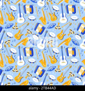 Strumenti musicali cartoni animati modello senza cuciture. Chitarre acustiche ed elettriche. Stampa ripetuta. Tamburi e fisarmoniche. Concerto d'orchestra. Maracas, violoncello Illustrazione Vettoriale