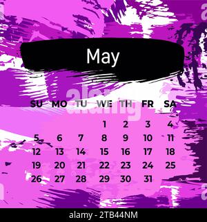Pagina per maggio 2024 anno. Pianificatore del calendario quadrato per un mese. Sfondo viola. Progettare il modello per il layout Foto Stock