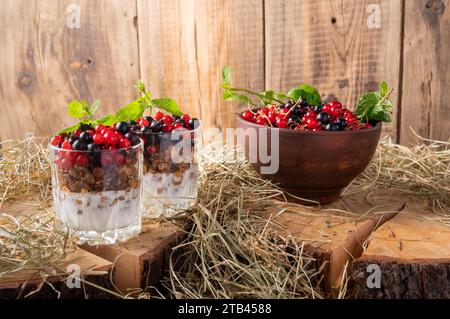 Due bicchieri con muesli e una ciotola di argilla con ribes diversi. Ribes rosso e nero in una ciotola. Stile rurale. Vista frontale. Foto Stock