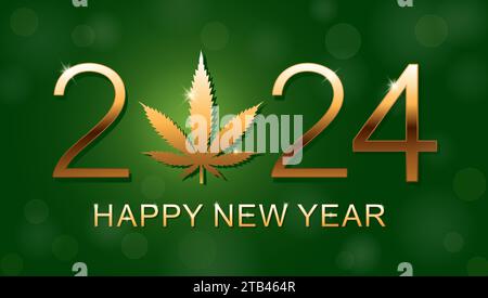 Buon anno 2024. Inizio anno nuovo con foglie di marijuana. Illustrazione vettoriale. Illustrazione Vettoriale