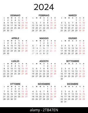 calendario italiano 2024. Illustrazione vettoriale stampabile e modificabile per l'Italia. calendario annuale di 12 mesi. Ritratto Illustrazione Vettoriale