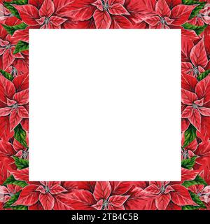 Cornice quadrata con fiore di Natale, illustrazione ad acquerello disegnata a mano isolata su sfondo bianco. Illustrazione floreale per decorazione natalizia Foto Stock