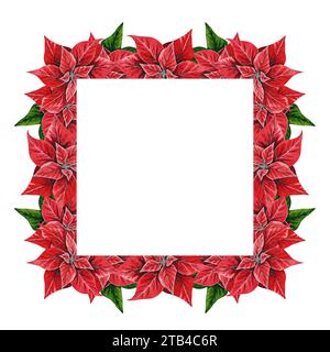 Cornice quadrata con fiore di Natale, illustrazione ad acquerello disegnata a mano isolata su sfondo bianco. Illustrazione floreale per decorazione natalizia Foto Stock