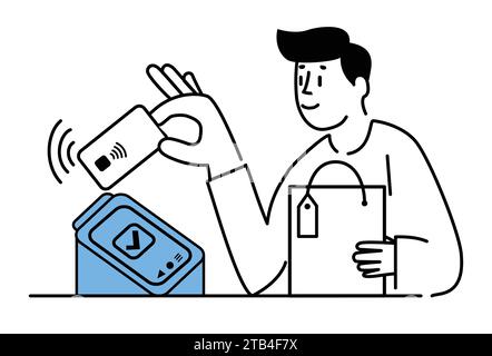 La persona utilizza carta di credito sul lettore di carte, Un pagamento senza contanti, Un pagamento senza contatto Illustrazione Vettoriale