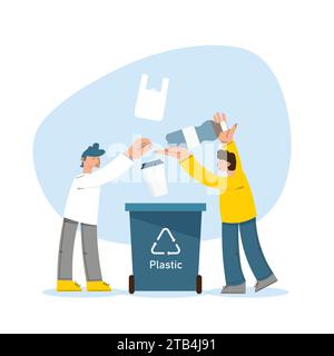 Persone che immettono rifiuti di plastica nel cestino. Smistamento della spazzatura. Stile di vita sostenibile. Salvate il pianeta Terra. Illustrazione vettoriale disegnata a mano. Illustrazione Vettoriale