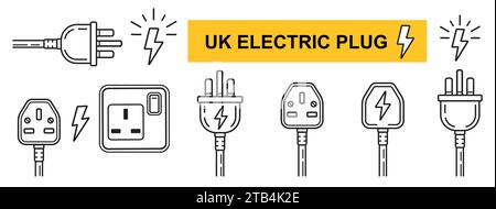 Presa elettrica UK, set di icone della linea di presa elettrica britannica. Cavo c.a. a tre pin inglese. Energia elettrica. Filo per apparecchiature elettriche. Vettore Illustrazione Vettoriale