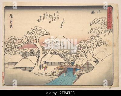 Mishima, dalla serie 53 stazioni della Tokaido Road (Tokaido gojusan tsugi, Mishima), nota anche come Kyoka (Wittty Verse) Tokaido 1914 di Utagawa Hiroshige Foto Stock