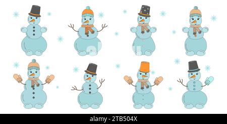 Set di simpatiche e divertenti opere d'arte per i pupazzi di neve. Disegna banner cartolina, volantino. Illustrazione vettoriale. Illustrazione Vettoriale