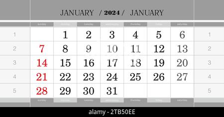 Blocco di calendario trimestrale gennaio 2024. Calendario da parete in inglese, la settimana inizia dalla domenica. Illustrazione vettoriale. Illustrazione Vettoriale