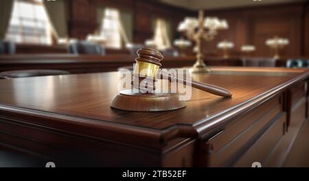 Gavel riposa su un tavolo all'interno di un tribunale vuoto. Foto Stock