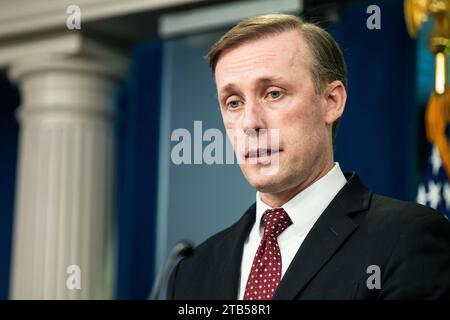 Washington, Stati Uniti. 4 dicembre 2023. Jake Sullivan, consigliere della sicurezza nazionale, parla a una conferenza stampa nella sala stampa della Casa Bianca. Credito: SOPA Images Limited/Alamy Live News Foto Stock