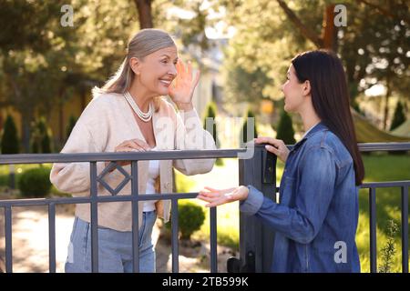 Rapporto amichevole con i vicini. Donne felici che parlano vicino alla recinzione all'aperto Foto Stock