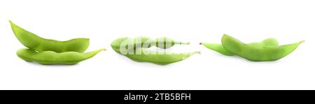 Cialde edamame verde grezzo isolate su bianco, impostate Foto Stock