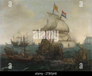 Vroom Hendrick Cornelisz navi olandesi Ramming galee spagnole al largo della costa fiamminga nell'ottobre 1602. Foto Stock