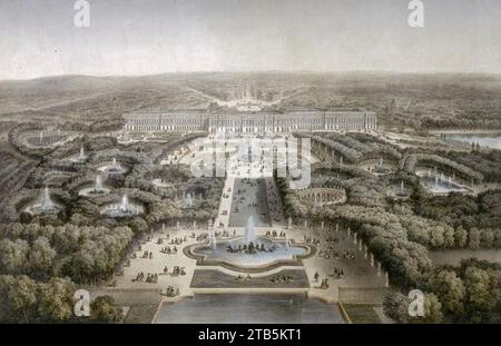 Vue à vol d’oiseau des jardins de Versailles. Foto Stock