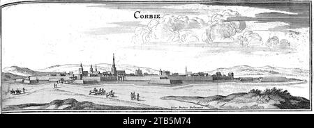 Vue de Corbie par Matthäus Merian in Topographia Germaniae (1656) Zeiller 14368. Foto Stock