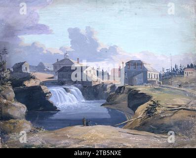 Vue du moulin et de la taverne de Philemon Wright aux chutes des Chaudières, à Hull, sur la rivière des Outaouais, dans le Bas-Canada, 1823. Foto Stock