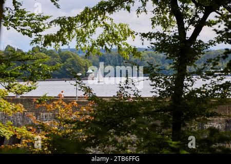 Blick auf die Möhnetalsperre, Brüningser Heide, Kreis Soest, Nordrhein-Westfalen, Deutschland, Renania settentrionale-Vestfalia, Germania, credito: Sarah Bömer Foto Stock