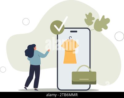 acquistare abbigliamento e tessuti ecologici riciclati consapevolmente. la donna sceglie un abito e una borsa online. Illustrazione Vettoriale