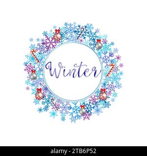 Poster per festeggiare l'inverno. Concetto di post sulla timeline dei social network. Corona porta creativa con elementi decorativi e modello di testo. Design isolato. Illustrazione Vettoriale