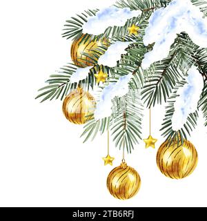 acquerello albero di Natale nella neve con bauble di Natale dorati, palle, stelle, schizzo disegnato a mano di rami di abete verde con i giocattoli dell'albero di Natale, io Foto Stock