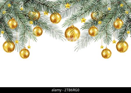 Cornice ad acquerello con albero di Natale con bauble di Natale dorati, palle, stelle, schizzo disegnato a mano di rami di abete verde con giocattoli di albero di Natale, IS Foto Stock