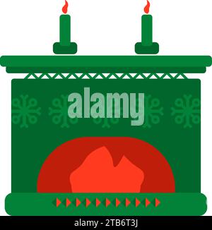 Caldo camino con motivo festivo norvegese nei colori rosso e verde. Caldo caminetto in stile lavorato a maglia a mano. Il vettore piatto semplice è Illustrazione Vettoriale
