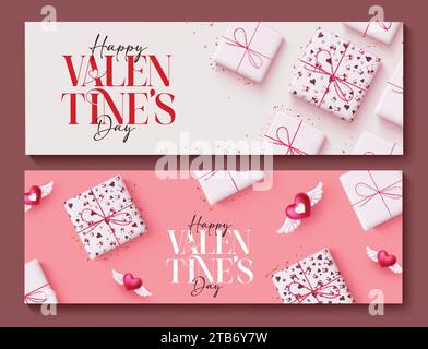 Banner vettoriale per il messaggio di auguri di buon san valentino. La collezione di biglietti d'auguri di San Valentino per le festività natalizie ama il design romantico delle etichette regalo. Illustrazione Vettoriale