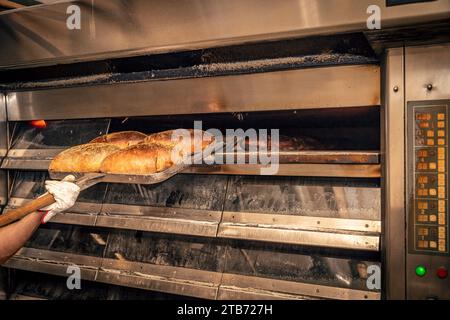 panettiere irriconoscibile che estrae le pagnotte dal forno della fabbrica di pane artigianale Foto Stock