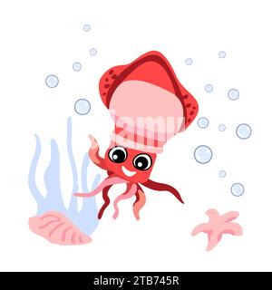 Calamari rossi con bollicine sott'acqua, conchiglie e alghe marine. Illustrazione vettoriale del carattere SEA LIFE Illustrazione Vettoriale