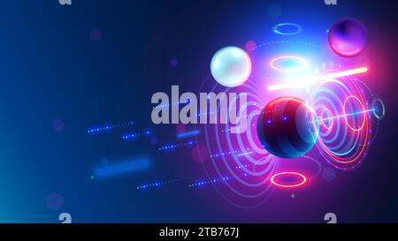 Sfondo tecnologico futuristico astratto con oggetti 3d nello spazio su sfondo blu scuro. Le forme geometriche brillanti al neon si stagliano nell'aria in 3d. Illustrazione Vettoriale