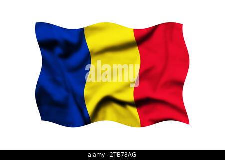 La bandiera della Romania che sventola nel vento isolata su uno sfondo trasparente. rendering 3d. Tracciato di ritaglio incluso Foto Stock