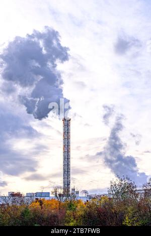 Emissioni di un camino di un impianto industriale, Paper Mill Sappi Ehingen GmbH, Ehingen an der Donau, Baden-Wurttemberg, Germania, 30 ottobre 2023. Foto Stock