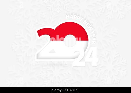 Capodanno 2024 per l'Indonesia sullo sfondo del fiocco di neve. Salutare l'Indonesia con il nuovo anno 2024. Illustrazione Vettoriale