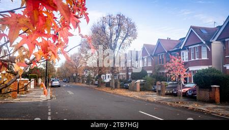 LONDRA - 30 NOVEMBRE 2023: Tipica strada residenziale a Northfields, Ealing, Londra ovest. Foto Stock