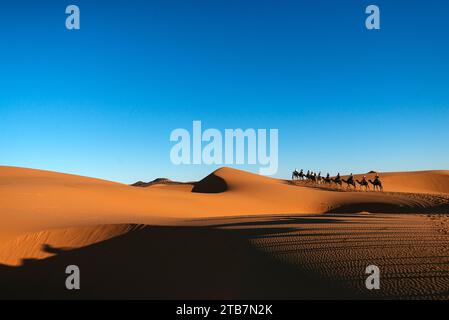Il caldo cielo al tramonto sul deserto di Merzouga in Marocco crea silhouette sorprendenti di una carovana a cammello Foto Stock