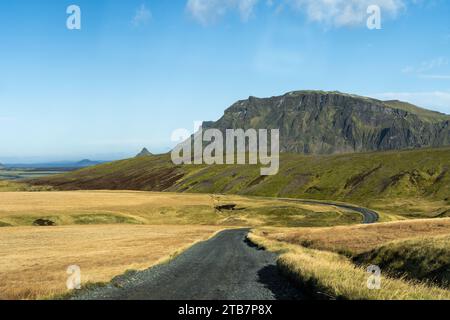 Una tranquilla strada si snoda attraverso le vibranti Highlands islandesi, incorniciate da aspre montagne e erba dorata Foto Stock